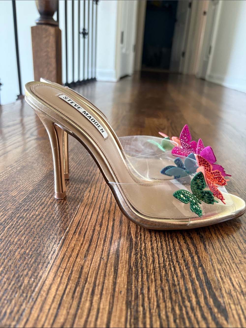 Steve Madden Multicolor Sequin Butterfly Clear Slide Heels - Picture 2 of 3